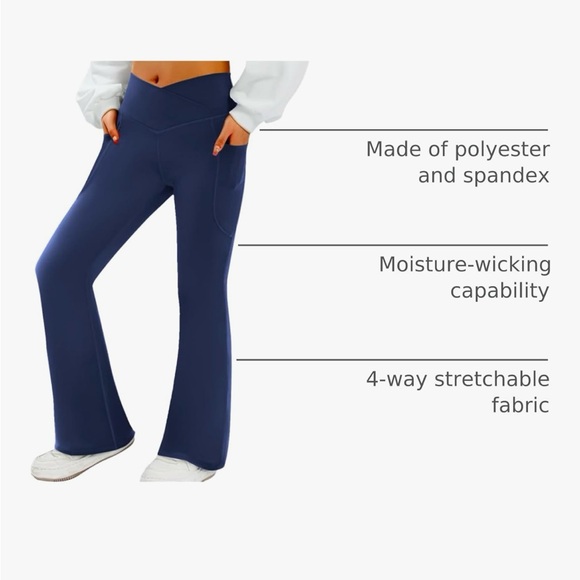 Navy Blue Flare Yoga Pants High Waisted Crossover Bootcut Leggings w Pockets - Picture 5 of 8